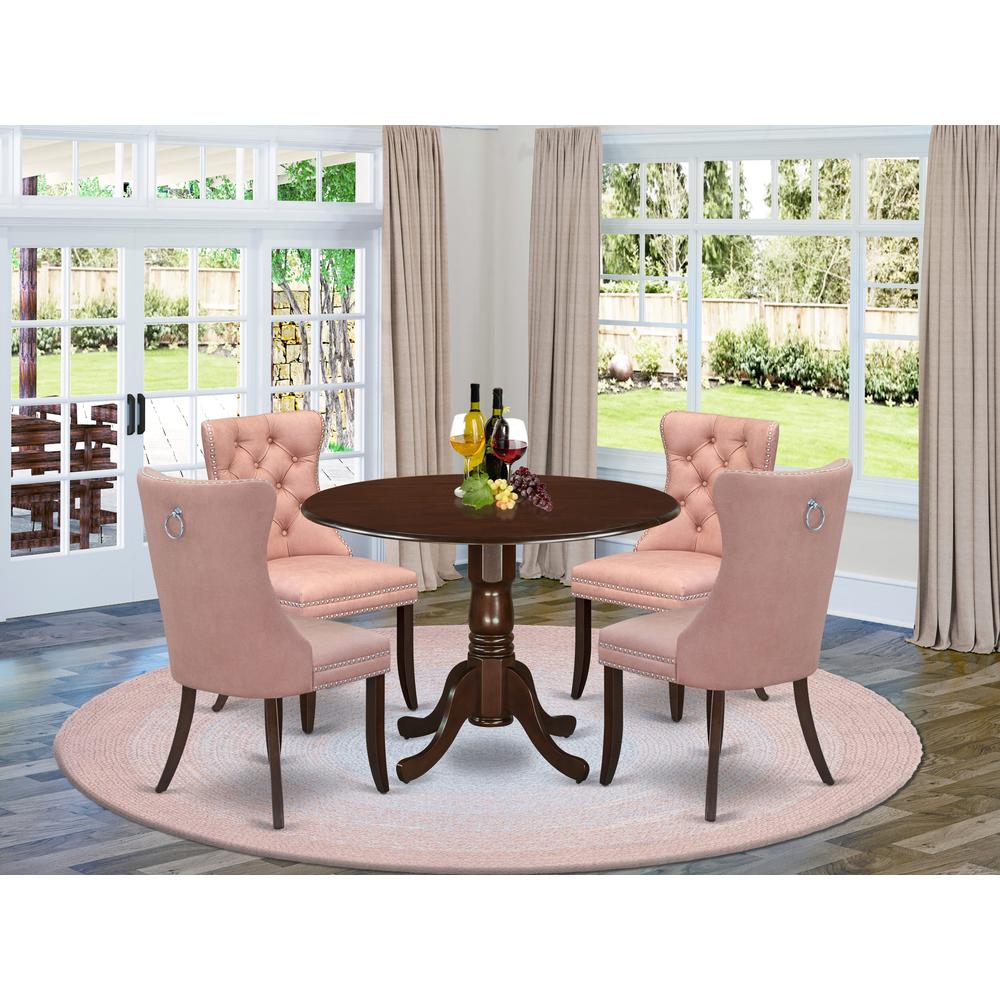 5 Piece Dining Room Set Consists of a Round Solid Wood Table with Dropleaf. Picture 1