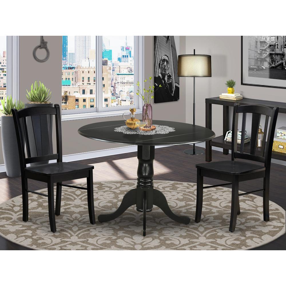 DLDL3-BLK-W - 3-Pc Dining Table Set - 2 Wood Kitchen Chairs and 1 Drops Leaf Kitchen Table - Black Finish. Picture 1