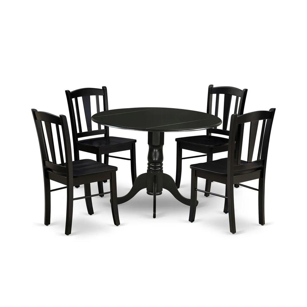 DLDL5-BLK-W - 5-Pc Dining Room Set - 4 dining room chairs and 1 Drops Leaf Kitchen Table - Black Finish. Picture 1