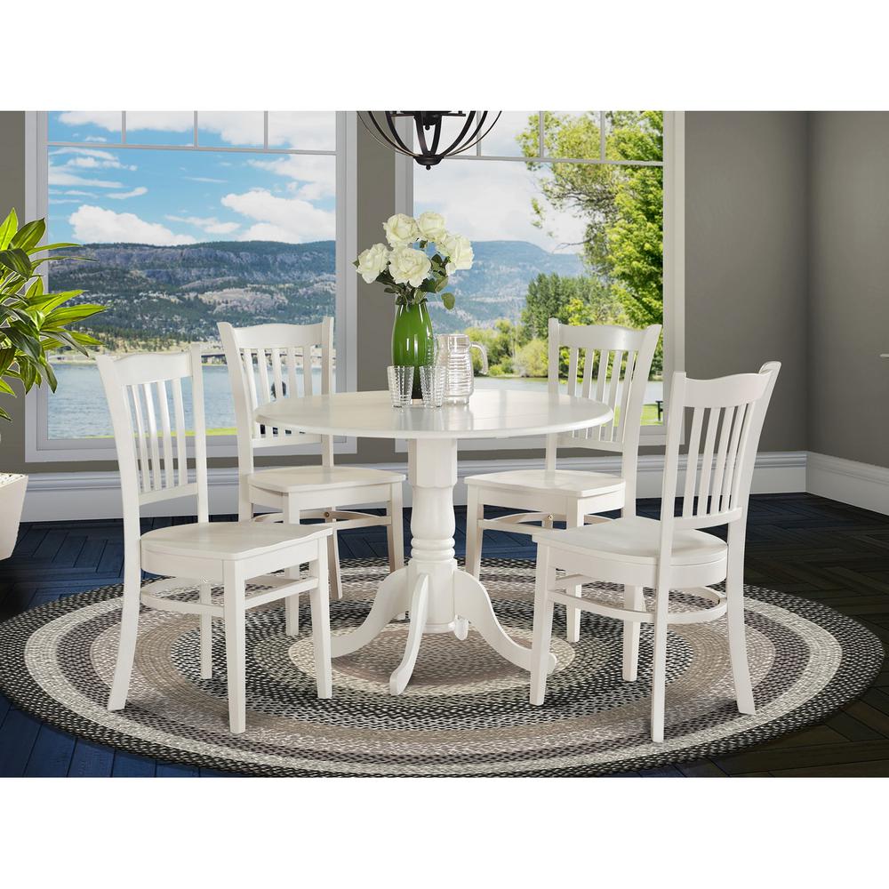 5 Piece Kitchen Table & Chairs Set Includes a Round Dining Room Table with Dropleaf and 4 Dining Chairs, 42x42 Inch, Linen White. Picture 2