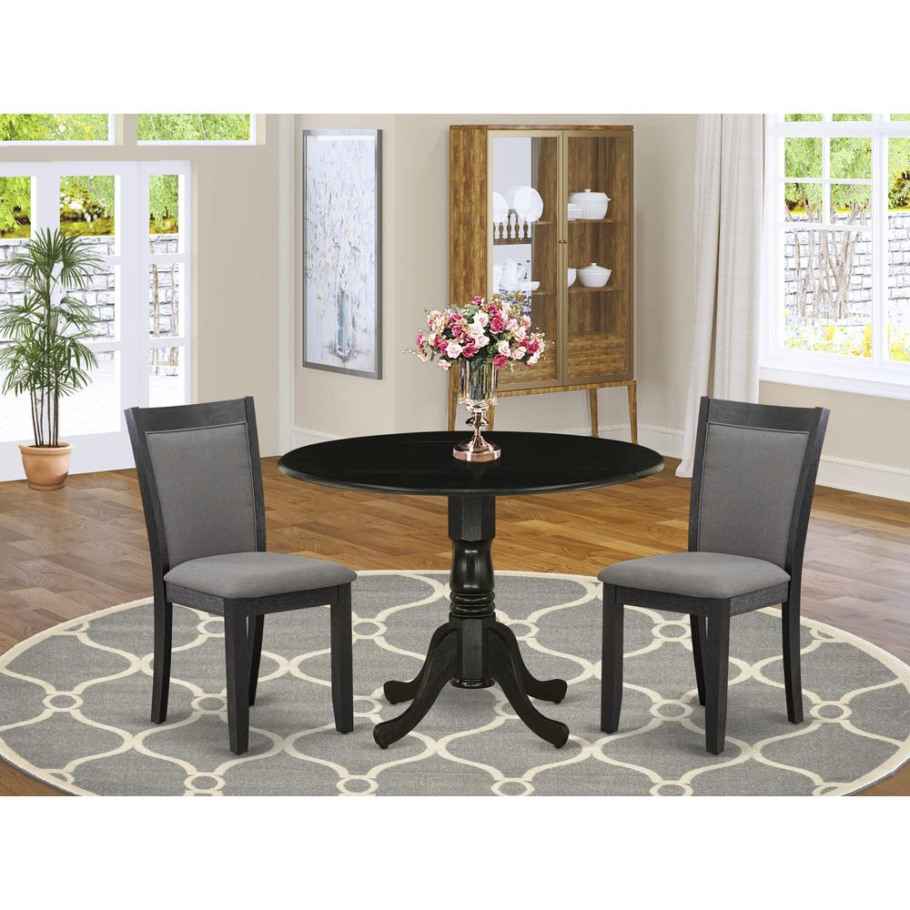 East West Furniture 3-Piece Dining Set Includes a Dining Table with Drop Leaves and 2 Dark Gotham Grey Linen Fabric Dining Chairs - Wire Brushed Black Finish. Picture 1