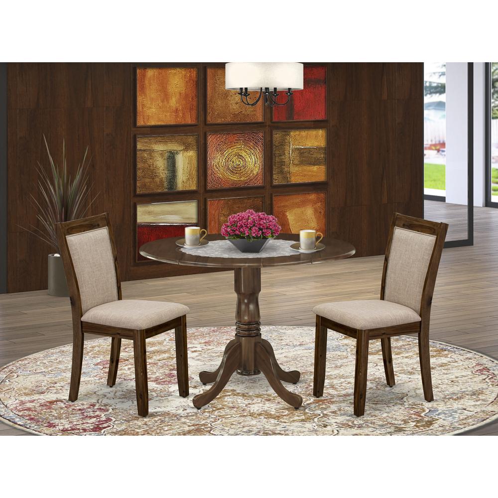 East West Furniture 3-Piece Dining Room Set Consists of a Pedestal Table with Drop Leaves and 2 Light Tan Linen Fabric Dining Chairs - Sand Blasting Antique Walnut Finish. Picture 1