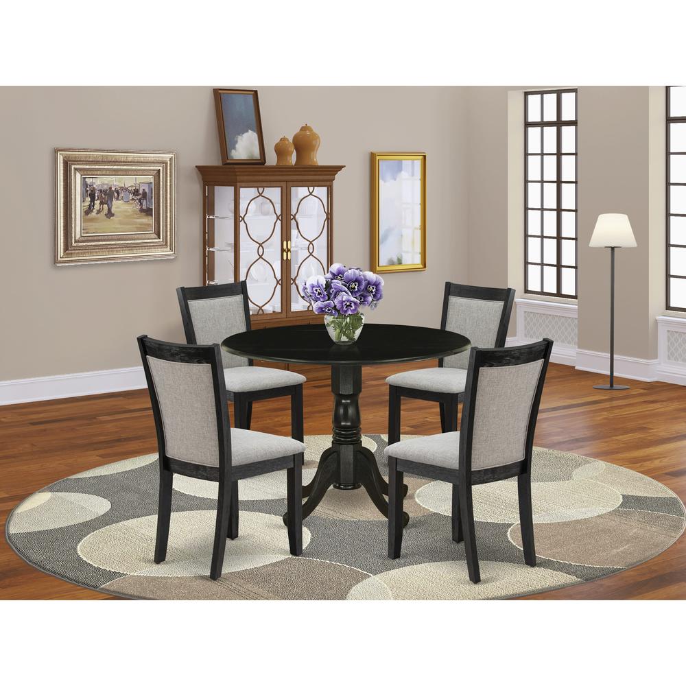 East West Furniture 5-Pc Dinette Set Contains a Pedestal Table with Drop Leaves and 4 Shitake Linen Fabric Parson Dining Chairs - Wire Brushed Black Finish. Picture 1