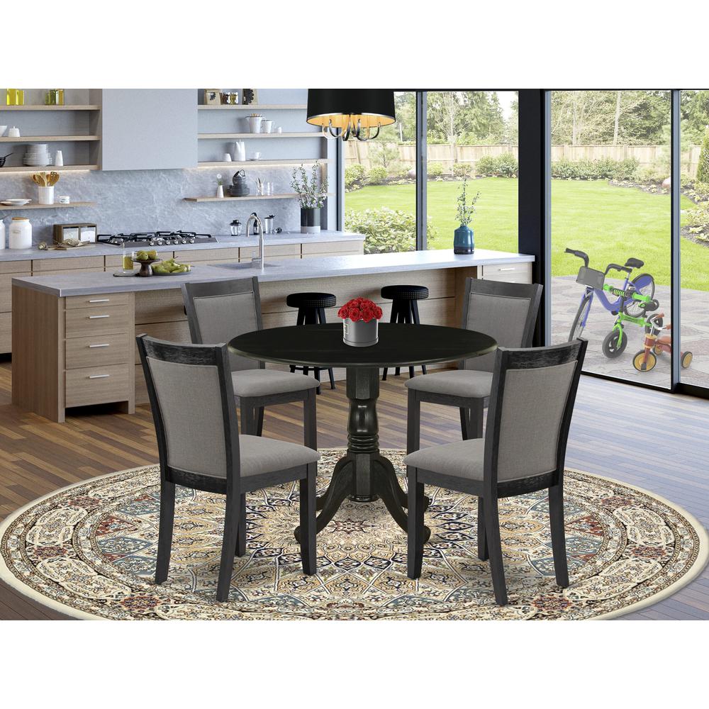 East West Furniture 5-Piece Modern Dining Table Set Consists of a Dining Table with Drop Leaves and 4 Dark Gotham Grey Linen Fabric Dining Chairs - Wire Brushed Black Finish. Picture 1