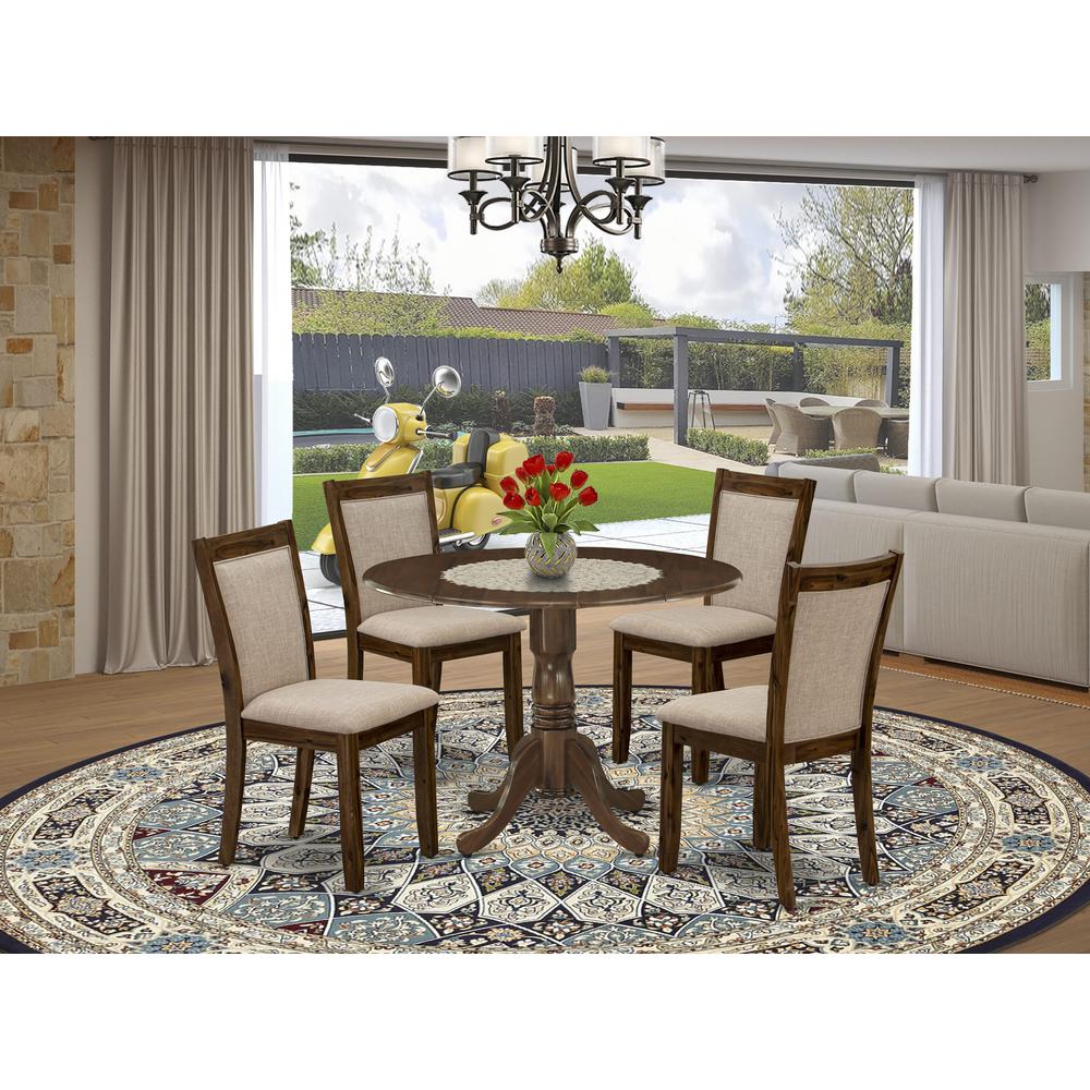 East West Furniture 5-Pc Dining Room Table Set Consists of a Wood Table with Drop Leaves and 4 Light Tan Linen Fabric Kitchen Chairs - Sand Blasting Antique Walnut Finish. Picture 1
