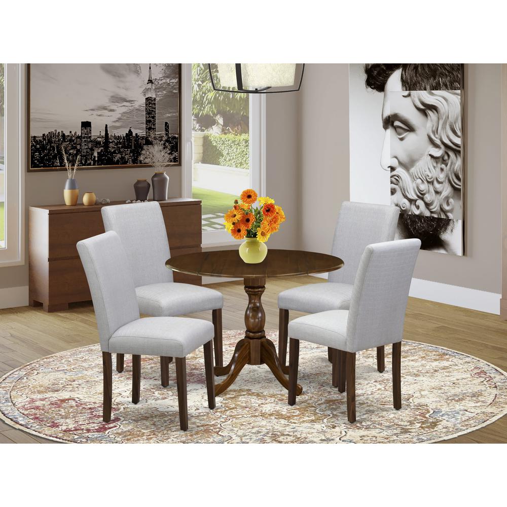 East West Furniture 5 Piece Kitchen Table Set Contains 1 Drop Leaves Wooden Table and 4 Grey Linen Fabric Parson Dining Chairs with High Back - Acacia Walnut Finish. Picture 1