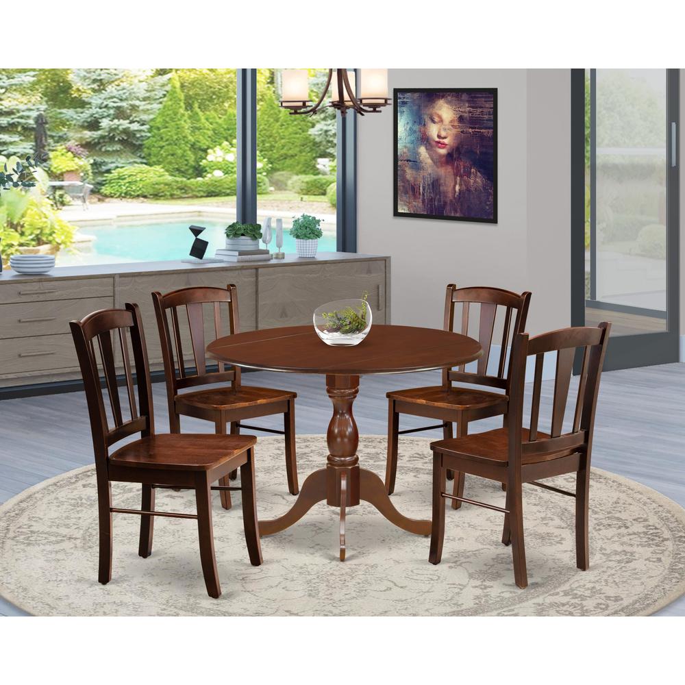 DMDL5-MAH-W - 5-Pc Kitchen Dining Room Set- 4 Dining Chairs with Wooden Seat and Slatted Chair Back - Dropleafs Dining Room Table - Mahogany Finish. Picture 1