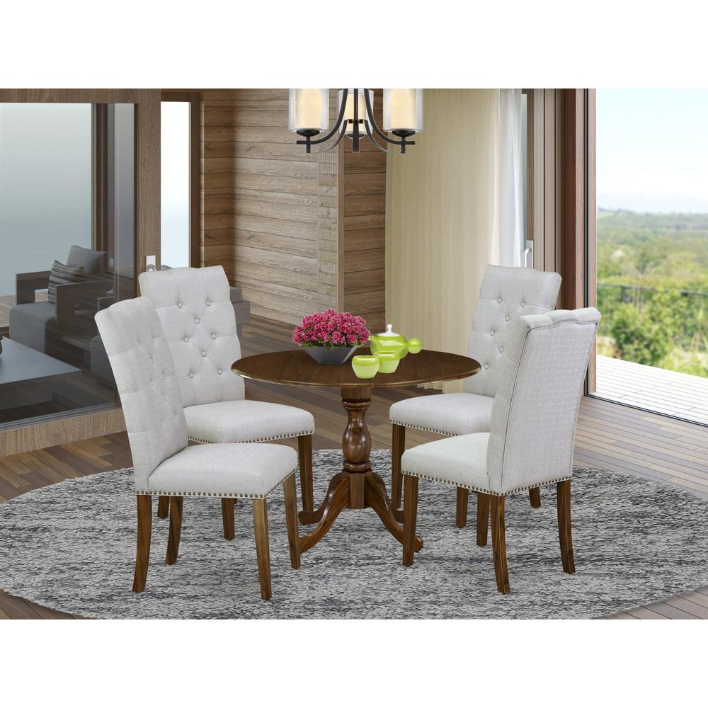 East West Furniture 5 Piece Dining Room Set Contains 1 Drop Leaves Dining Table and 4 Grey Linen Fabric Kitchen Chairs Button Tufted Back white Nail Heads - Acacia Walnut Finish. Picture 1
