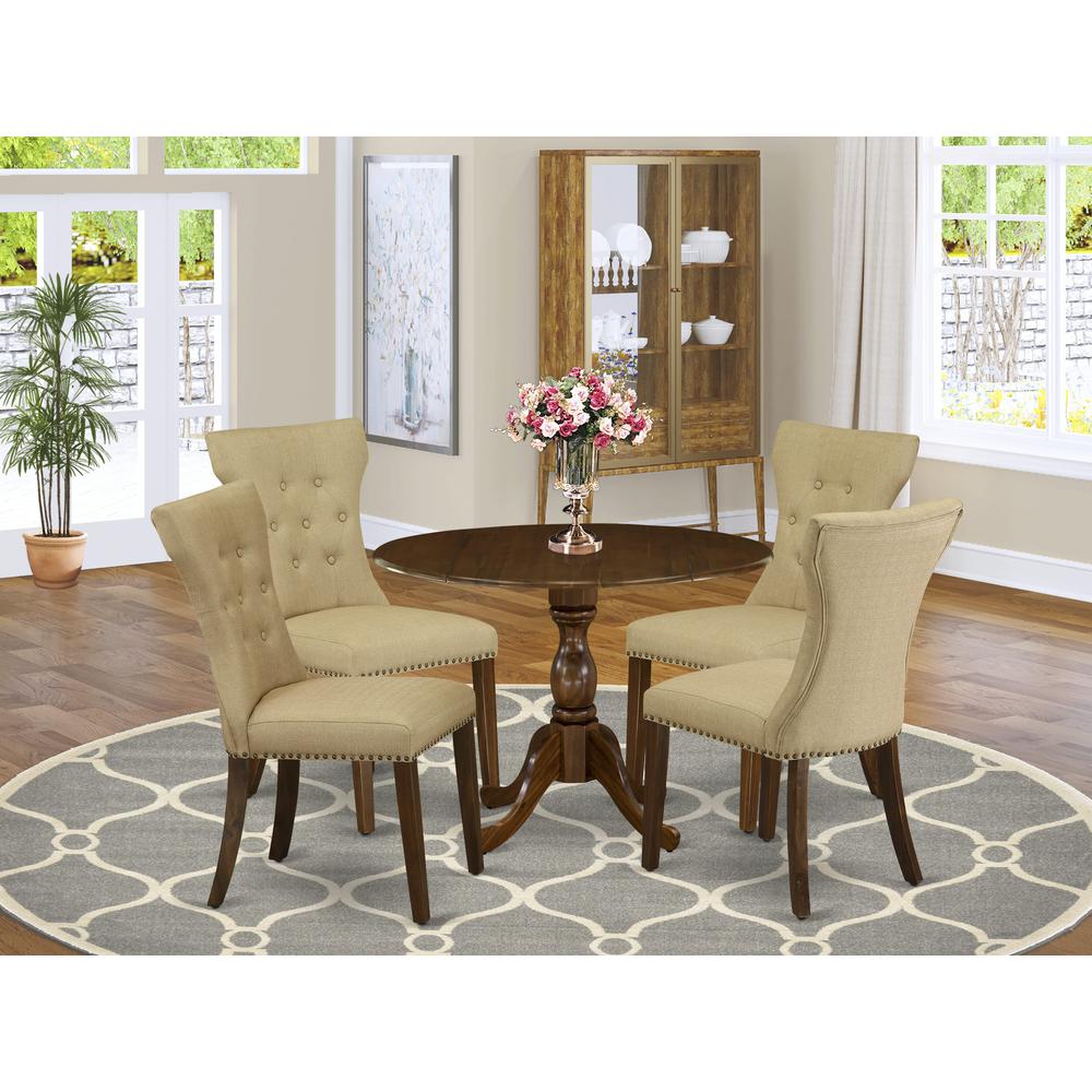 East West Furniture 5 Piece Wood Dining Table Set Contains 1 Drop Leaves Dining Table and 4 Brown Linen Fabric Kitchen Chair Button Tufted Back with Nail Heads - Acacia Walnut Finish. Picture 1