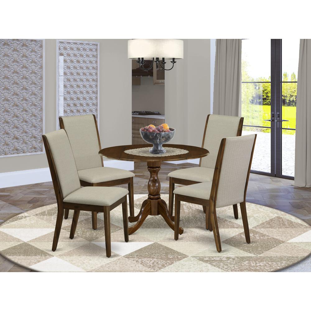 East West Furniture 5 Piece Modern Dining Table Set Includes 1 Drop Leaves Dining Table and 4 Grey Linen Fabric Parsons Chair with High Back - Acacia Walnut Finish. Picture 1