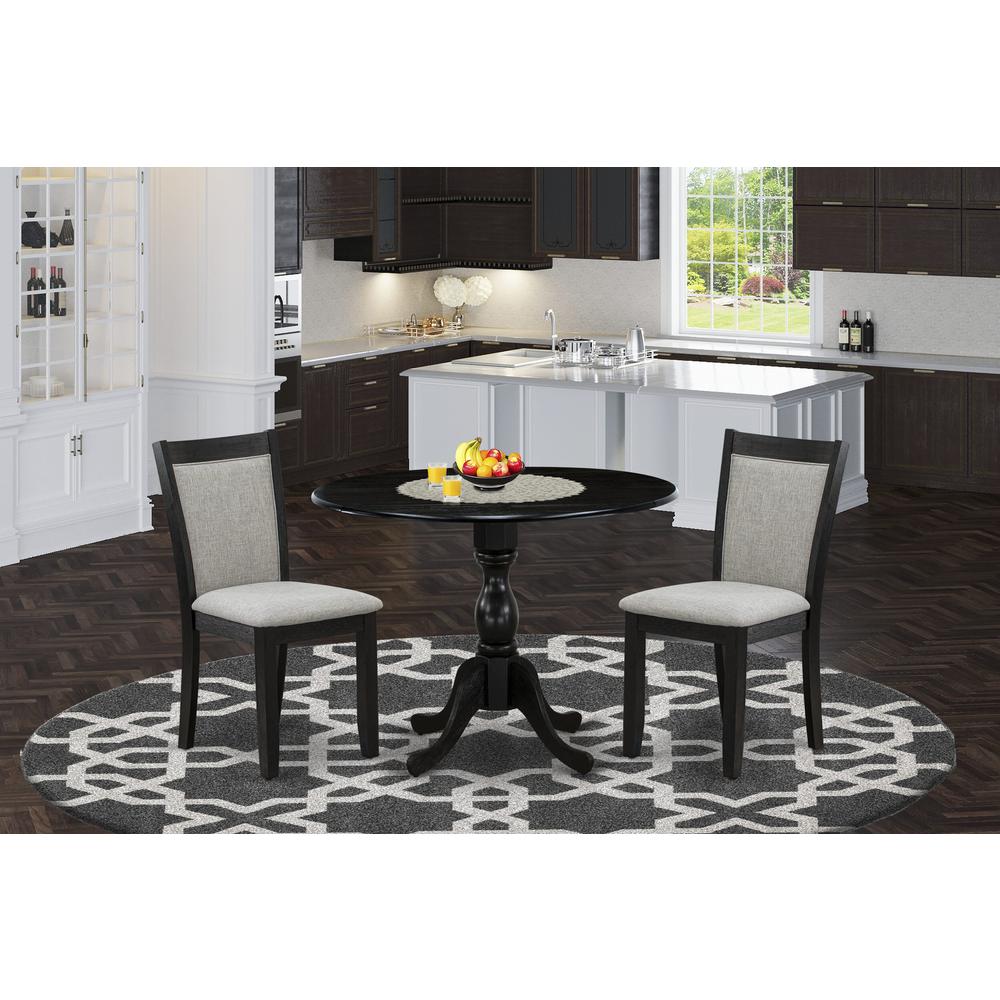 East West Furniture 3-Piece Dining Room Set Includes a Modern Dining Room Table with Drop Leaves and 2 Shitake Linen Fabric Parson Chairs - Wire Brushed Black Finish. Picture 1