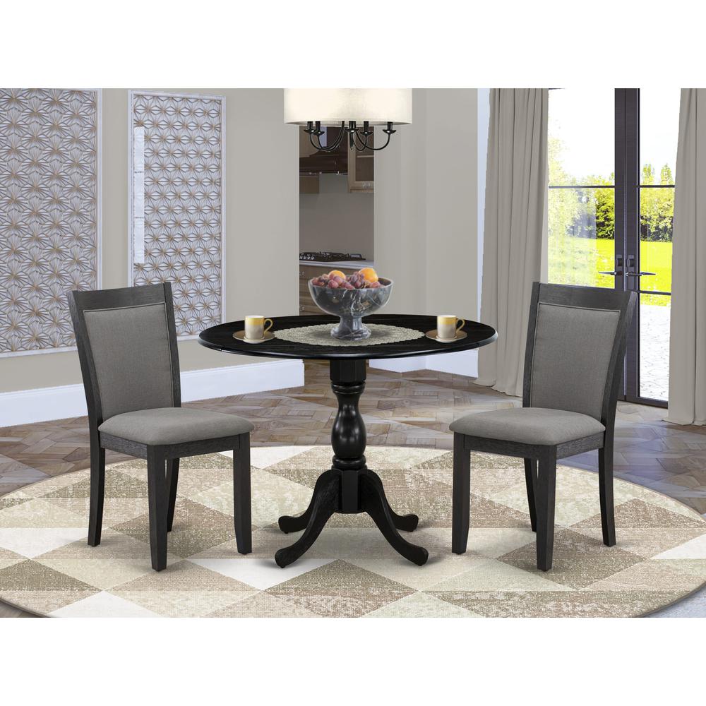 East West Furniture 3-Pc Dinette Set Includes a Wood Dining Table with Drop Leaves and 2 Dark Gotham Grey Linen Fabric Kitchen Chairs - Wire Brushed Black Finish. Picture 1
