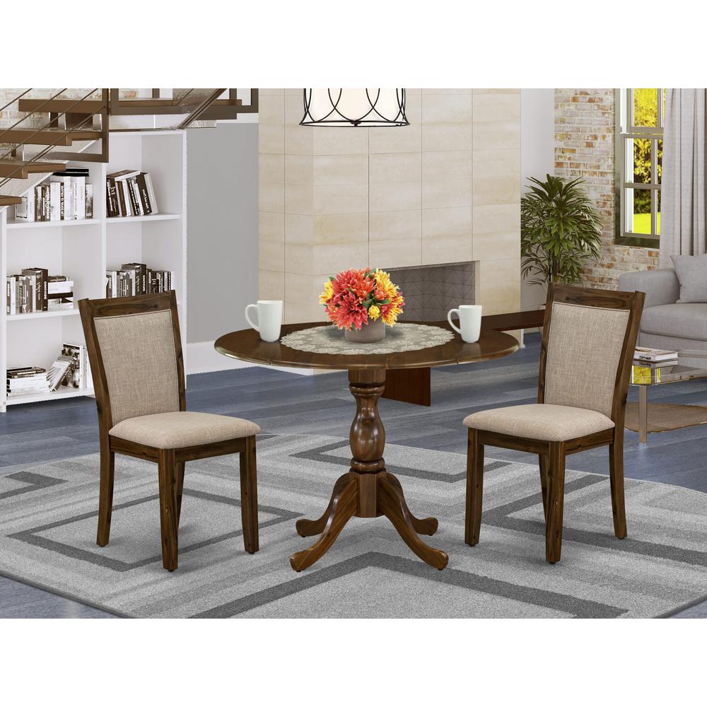 East West Furniture 3-Piece Dining Room Set Includes a Wood Table with Drop Leaves and 2 Light Tan Linen Fabric Upholstered Chairs - Sand Blasting Antique Walnut Finish. Picture 1