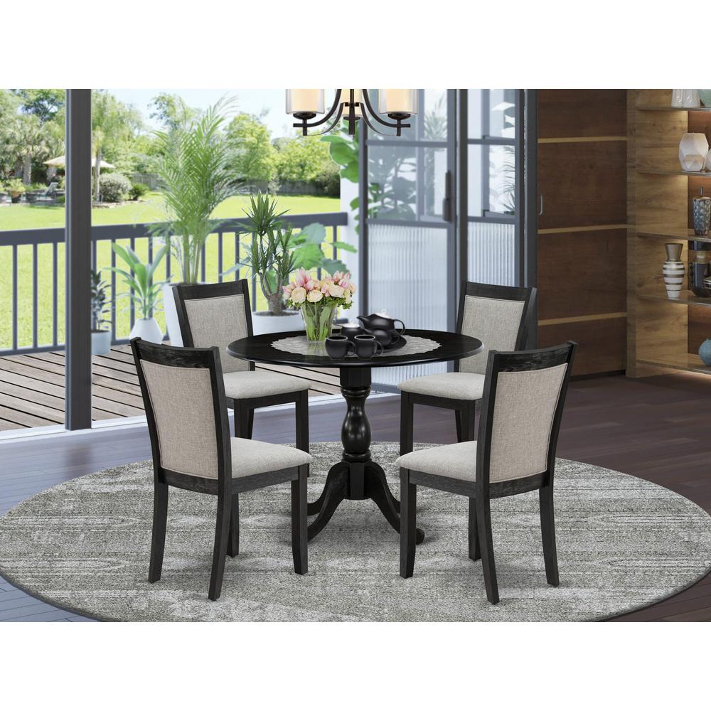 East West Furniture 5-Piece Modern Dining Set Consists of a Pedestal Table with Drop Leaves and 4 Shitake Linen Fabric Kitchen Chairs - Wire Brushed Black Finish. Picture 1