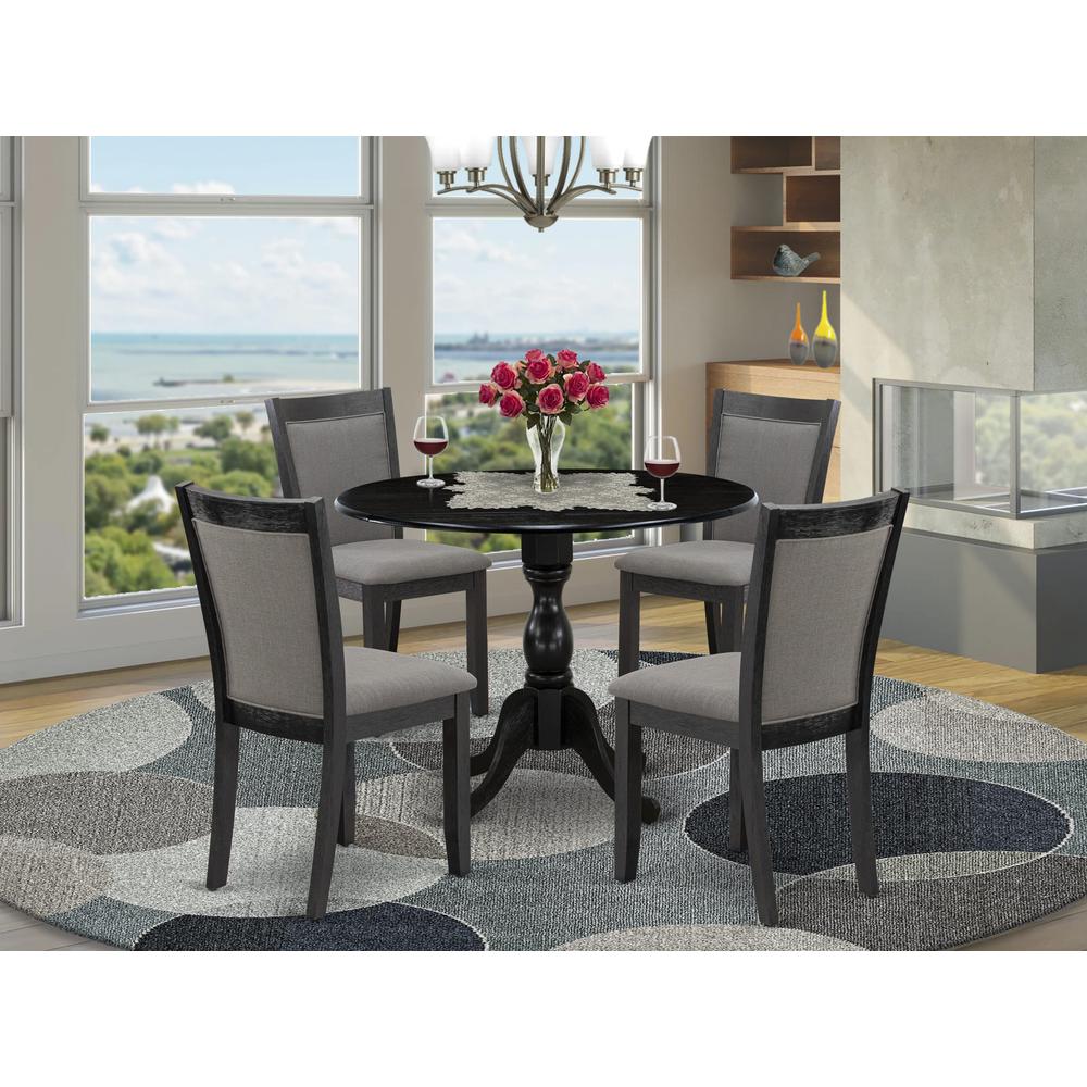 East West Furniture 5-Pc Kitchen Dining Set Consists of a Dinner Table with Drop Leaves and 4 Dark Gotham Grey Linen Fabric Upholstered Chairs - Wire Brushed Black Finish. Picture 1