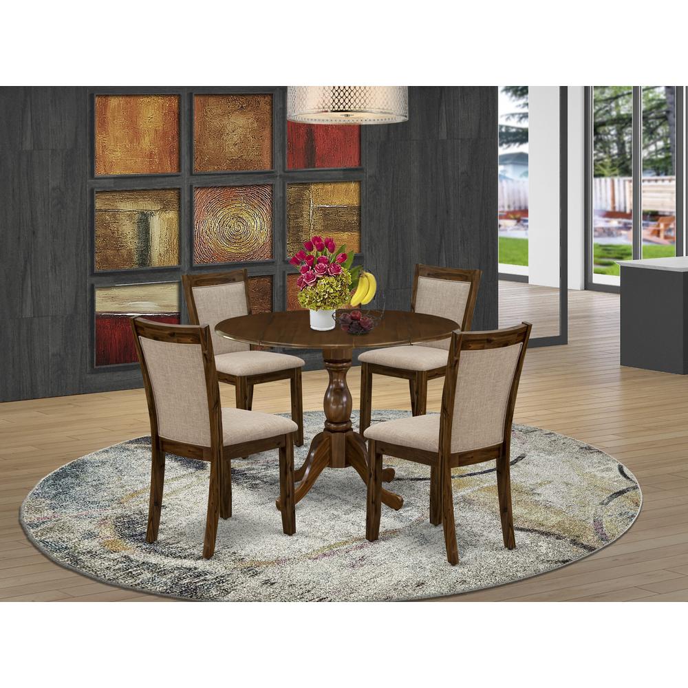 East West Furniture 5-Pc Kitchen Table Set Includes a Wood Dining Table with Drop Leaves and 4 Light Tan Linen Fabric Parson Chairs - Sand Blasting Antique Walnut Finish. Picture 1