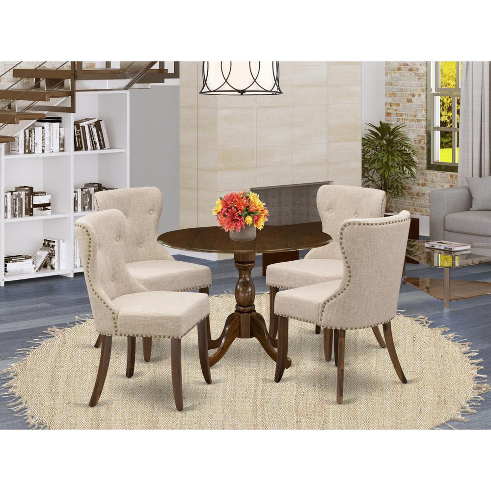 East West Furniture 5 Piece Dining Table Set Consists of 1 Drop Leaves Dining Table and 4 Light Tan Linen Fabric Kitchen Chairs Button Tufted Back with Nail Heads - Acacia Walnut Finish. Picture 1