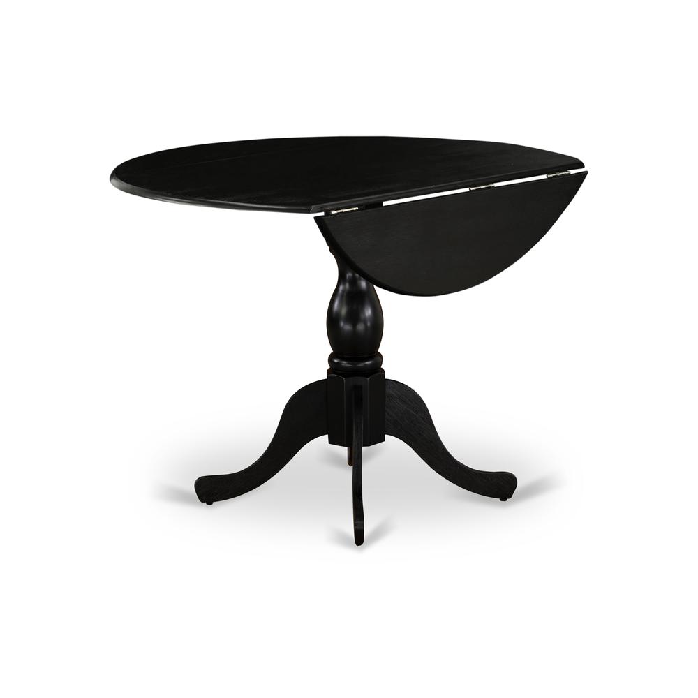 East West Furniture DMT-ABK-TP Round wood table Wire Brushed Black Color Table Top Surface and Asian Wood Drops Leave Kitchen table with Pedestal Legs - Wire Brushed Black Finish. Picture 3