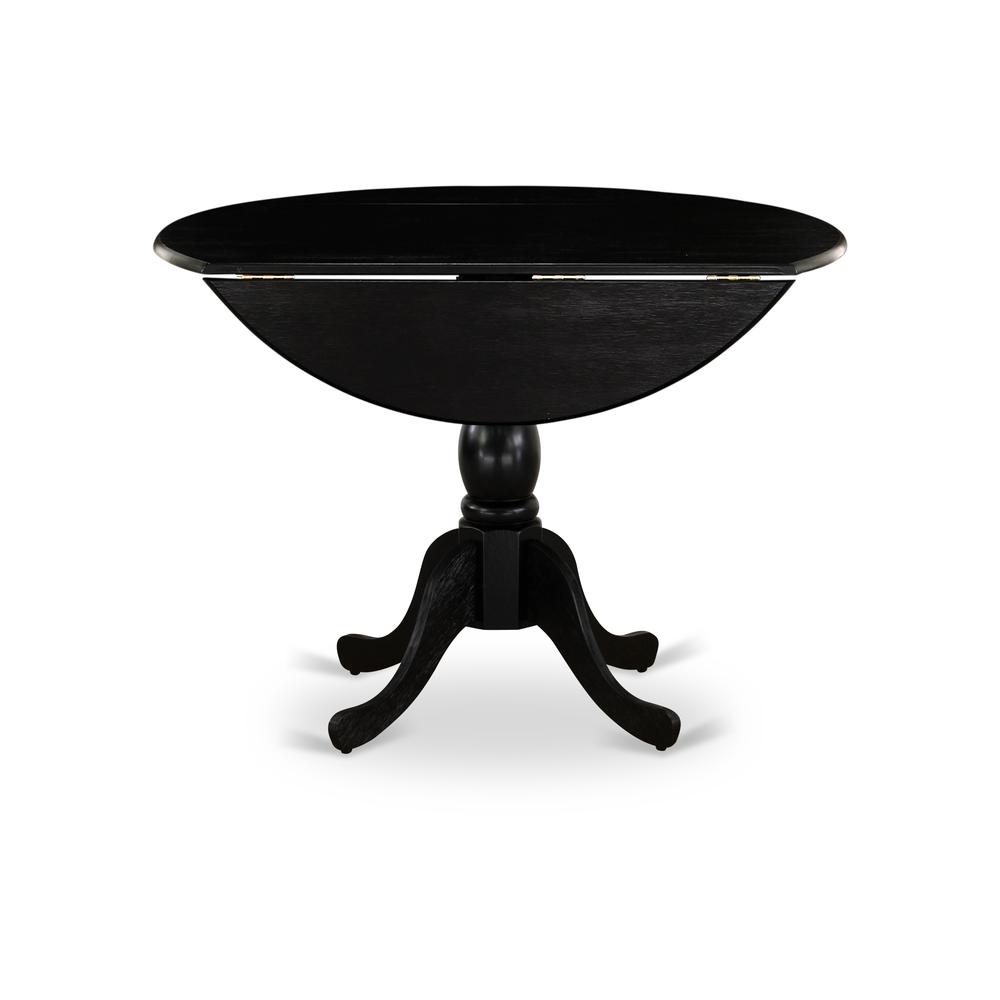 East West Furniture DMT-ABK-TP Round wood table Wire Brushed Black Color Table Top Surface and Asian Wood Drops Leave Kitchen table with Pedestal Legs - Wire Brushed Black Finish. Picture 4