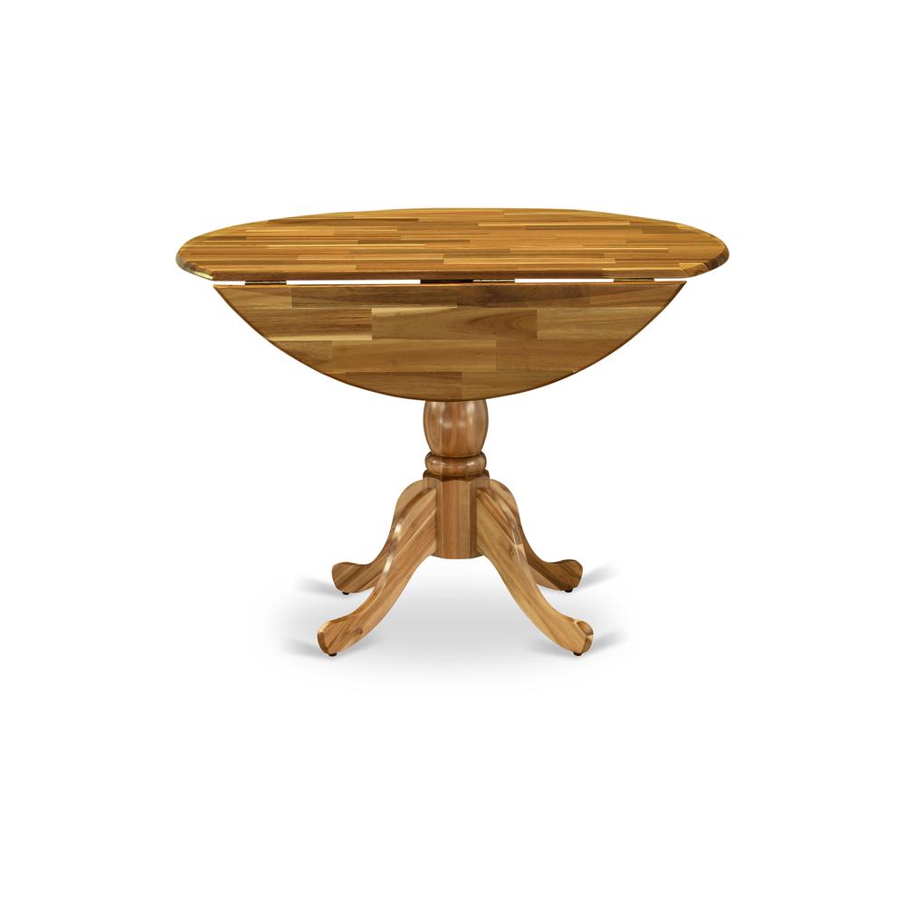East West Furniture DMT-ANA-TP Round Modern Dining Table Natural Acacia Color Table Top Surface and Asian Wood Modern Dining Table Pedestal Legs -Natural Acacia Finish. Picture 2