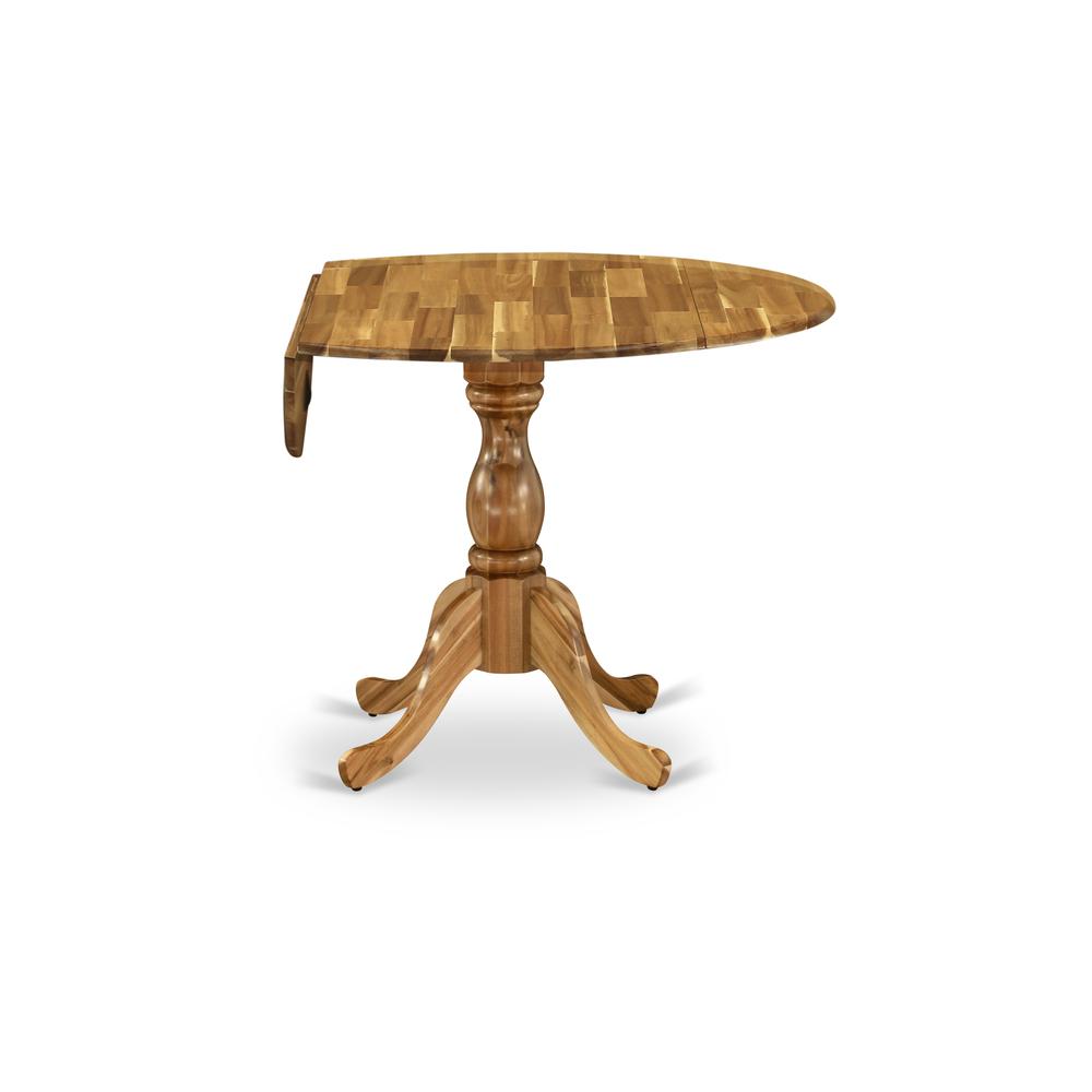 East West Furniture DMT-ANA-TP Round Modern Dining Table Natural Acacia Color Table Top Surface and Asian Wood Modern Dining Table Pedestal Legs -Natural Acacia Finish. Picture 4