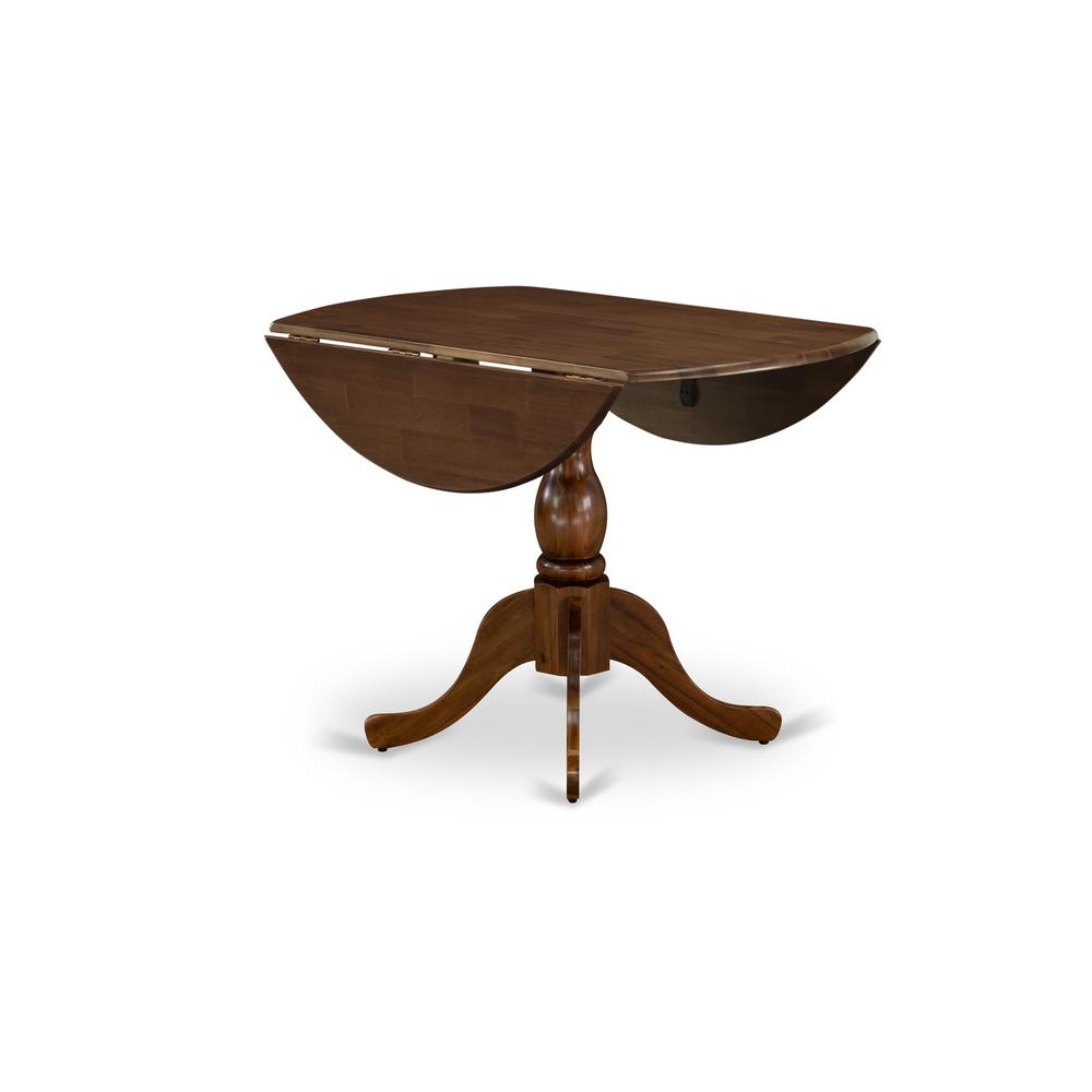 East West Furniture DMT-AWA-TP Round Mid Century Table Acacia Walnut Color Table Top Surface and Asian Wood Drops Leave Small Table Pedestal Legs -Acacia Walnut Finish. Picture 4