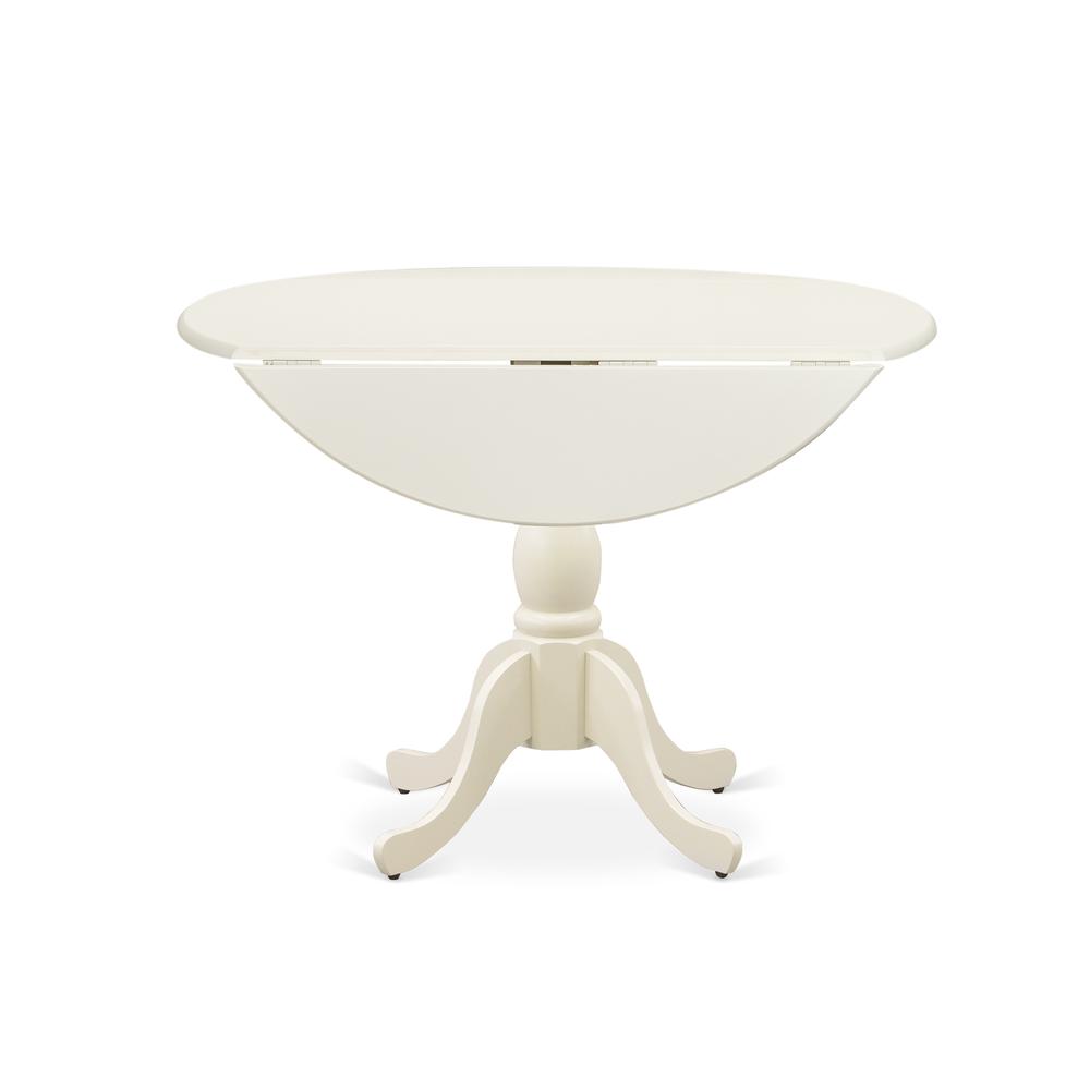 East West Furniture DMT-LWH-TP Round Wood Table Linen White Color Drops Leave Table Top Surface and Asian Wood Dining Table Pedestal Legs -Linen White Finish. Picture 2