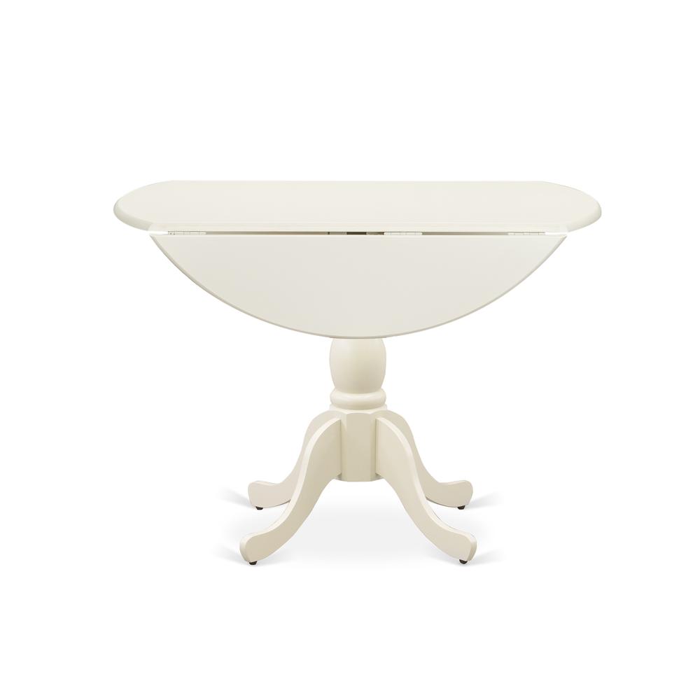 East West Furniture DMT-LWH-TP Round Wood Table Linen White Color Drops Leave Table Top Surface and Asian Wood Dining Table Pedestal Legs -Linen White Finish. Picture 3