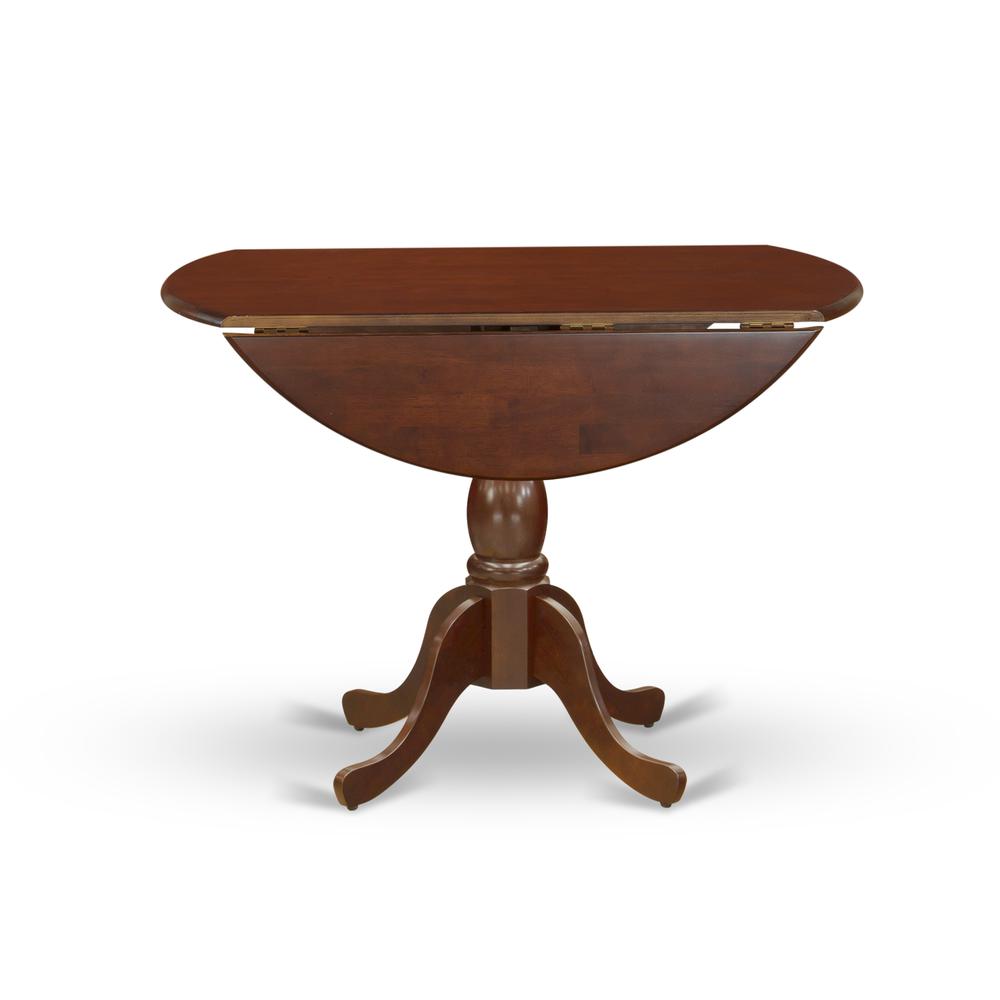 East West Furniture DMT-MAH-TP Round Table Mahogany Color Drops Leave Table Top Surface and Asian Wood Mid Century Table Pedestal Legs -Mahogany Finish. Picture 4