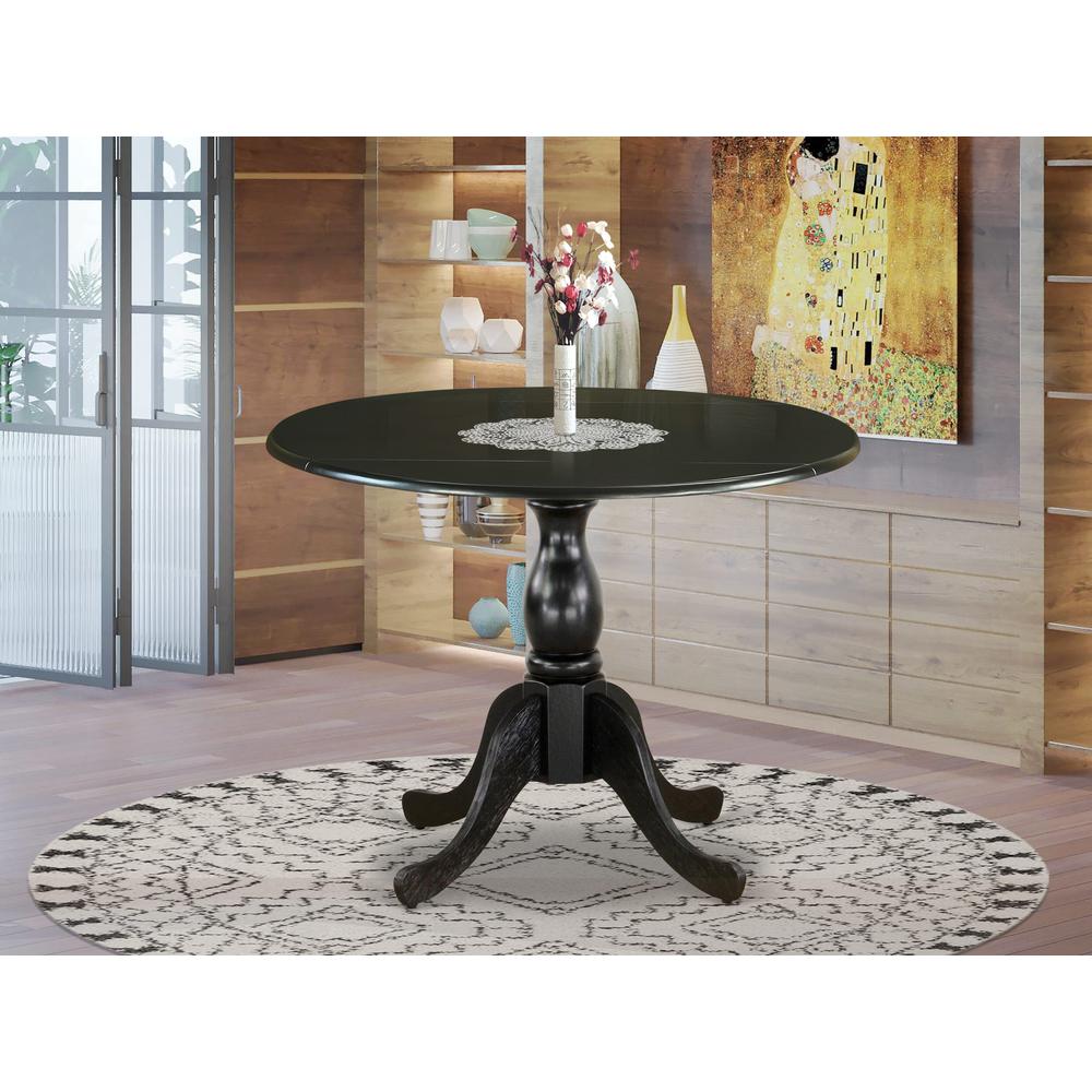 East West Furniture Round Dining Table with Drop Leaves - Black Table Top and Black Pedestal Leg Finish. Picture 1