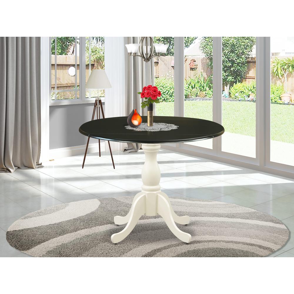 East West Furniture Dining Room Table with Drop Leaves - Black Table Top and Linen White Pedestal Leg Finish. Picture 1