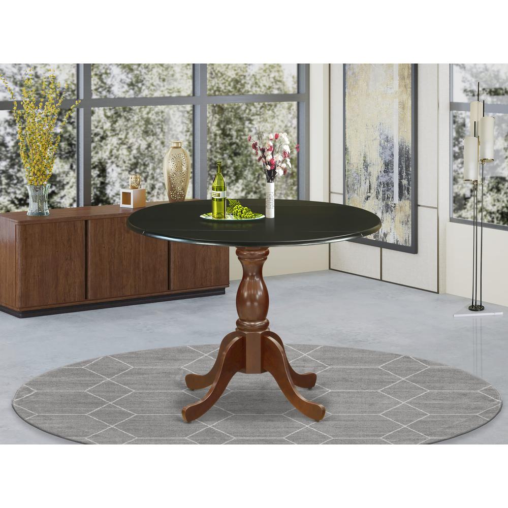 East West Furniture Kitchen Table with Drop Leaves - Black Table Top and Mahogany Pedestal Leg Finish. Picture 1