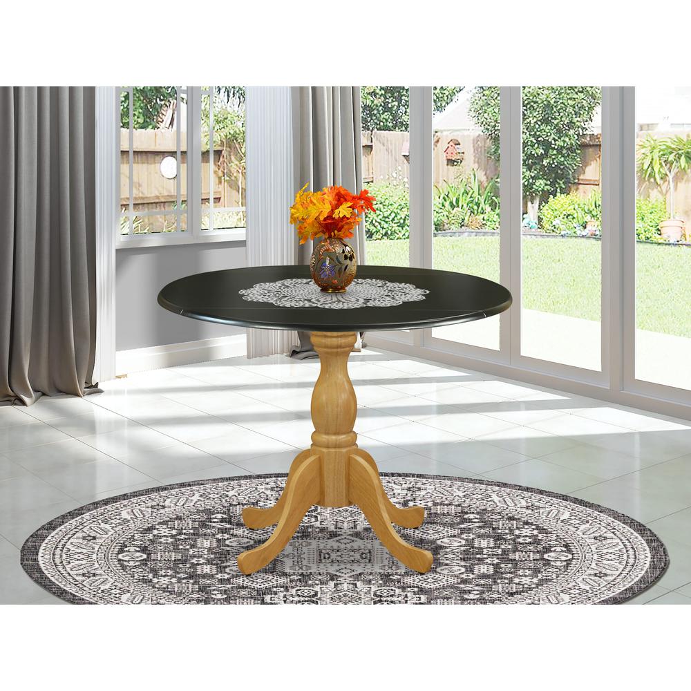 East West Furniture Dinning Table with Drop Leaves - Black Table Top and Oak Pedestal Leg Finish. Picture 1