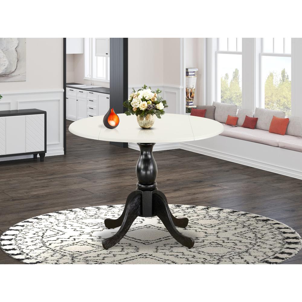 East West Furniture Round Kitchen Table with Drop Leaves - Linen White Table Top and Black Pedestal Leg Finish. Picture 1