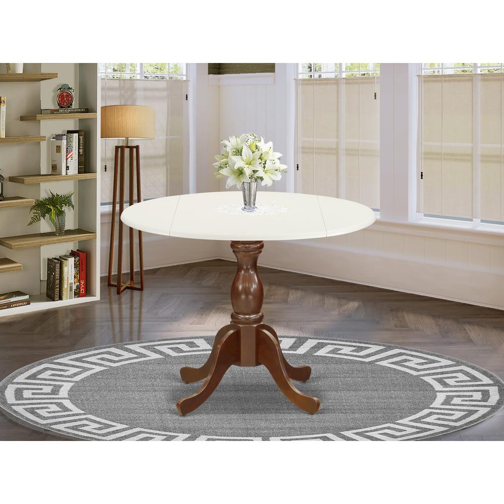 East West Furniture Modern Dining Table with Drop Leaves - Linen White Table Top and Mahogany Pedestal Leg Finish. Picture 1