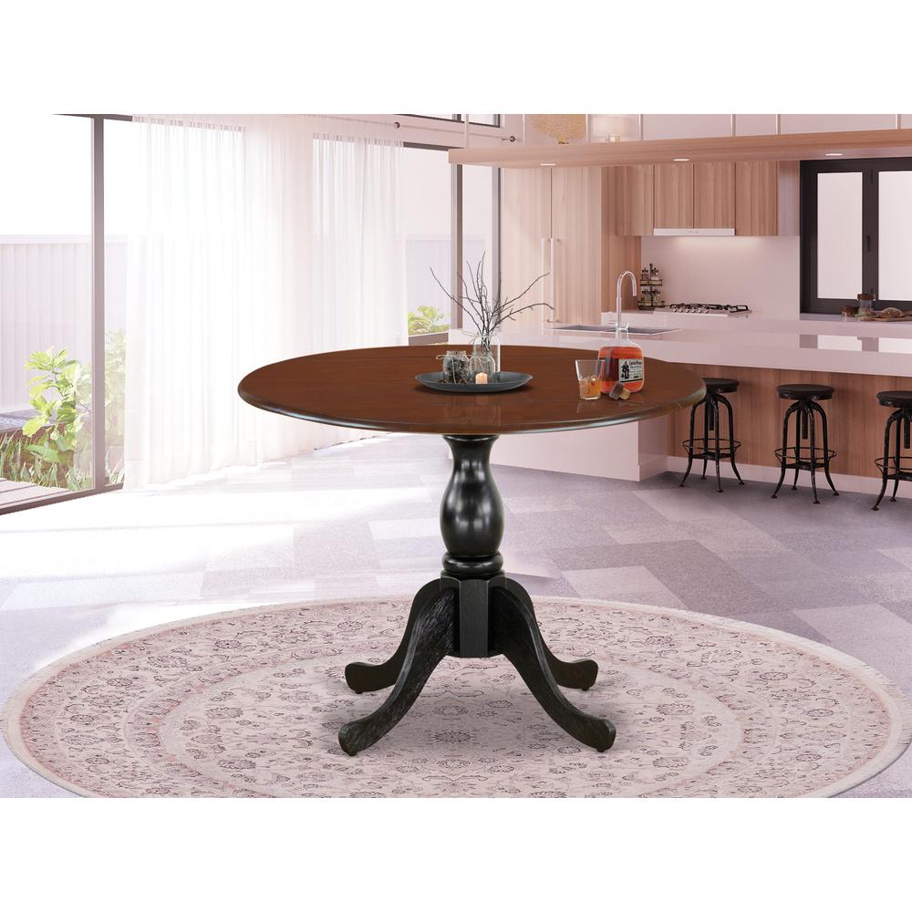 East West Furniture Mid Century Modern Dining Table with Drop Leaves - Mahogany Table Top and Black Pedestal Leg Finish. Picture 1