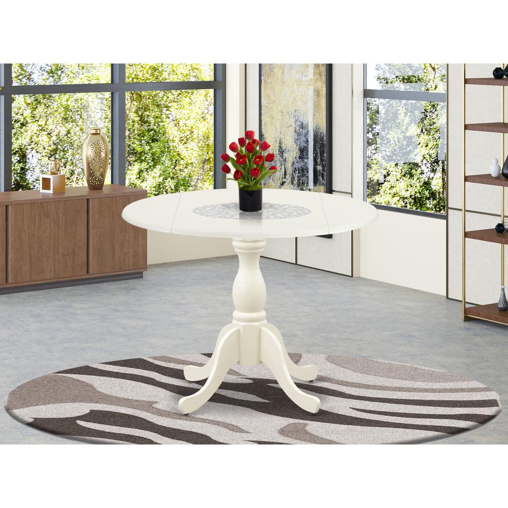East West Furniture Modern Kitchen Table with Drop Leaves - Linen White Table Top and Linen White Pedestal Leg Finish. Picture 1
