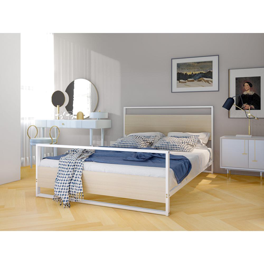 Erie Platform Bed Frame with 4 Metal Legs - High-class Bed in Powder Coating White Color and White Wood laminate. Picture 1