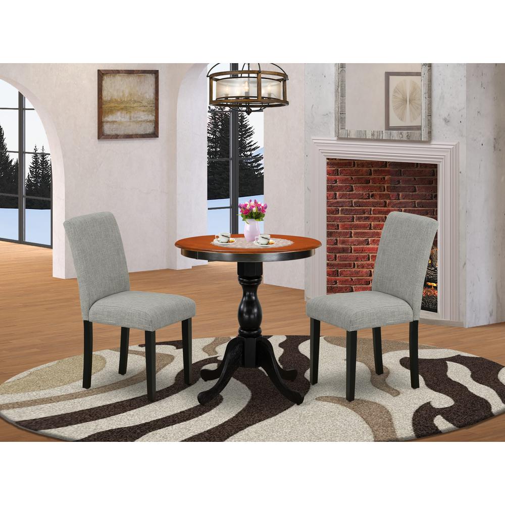 East West Furniture 3-Piece Dinette Set Include a Wooden Table and 2 Shitake Linen Fabric Padded Chairs with High Back - Black Finish. Picture 1