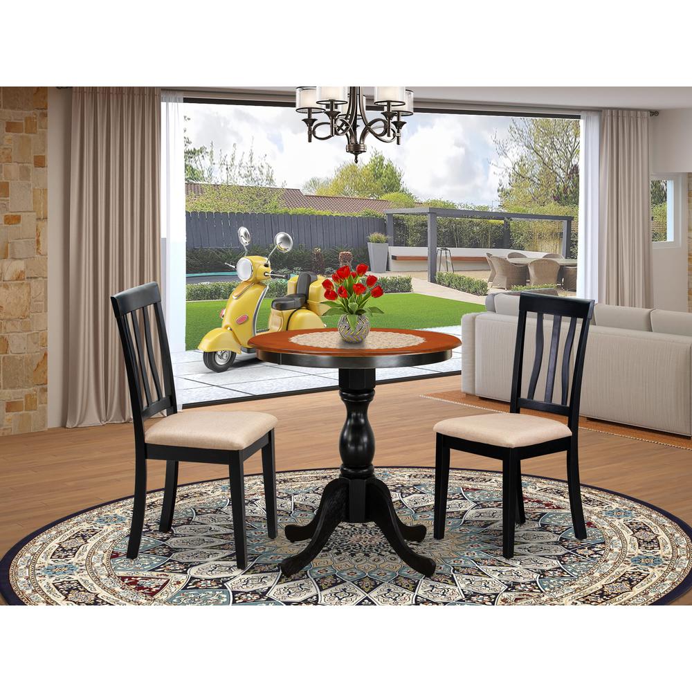 East West Furniture 3-Piece Mid Century Dining Set Include a Kitchen Table and 2 Linen Fabric Mid Century Chairs with Slatted Back - Black Finish. Picture 1