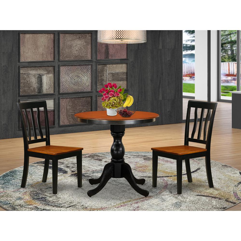East West Furniture 3-Piece Kitchen Table Set Contains a Wooden Table and 2 Kitchen Chairs with Slatted Back - Black Finish. Picture 1