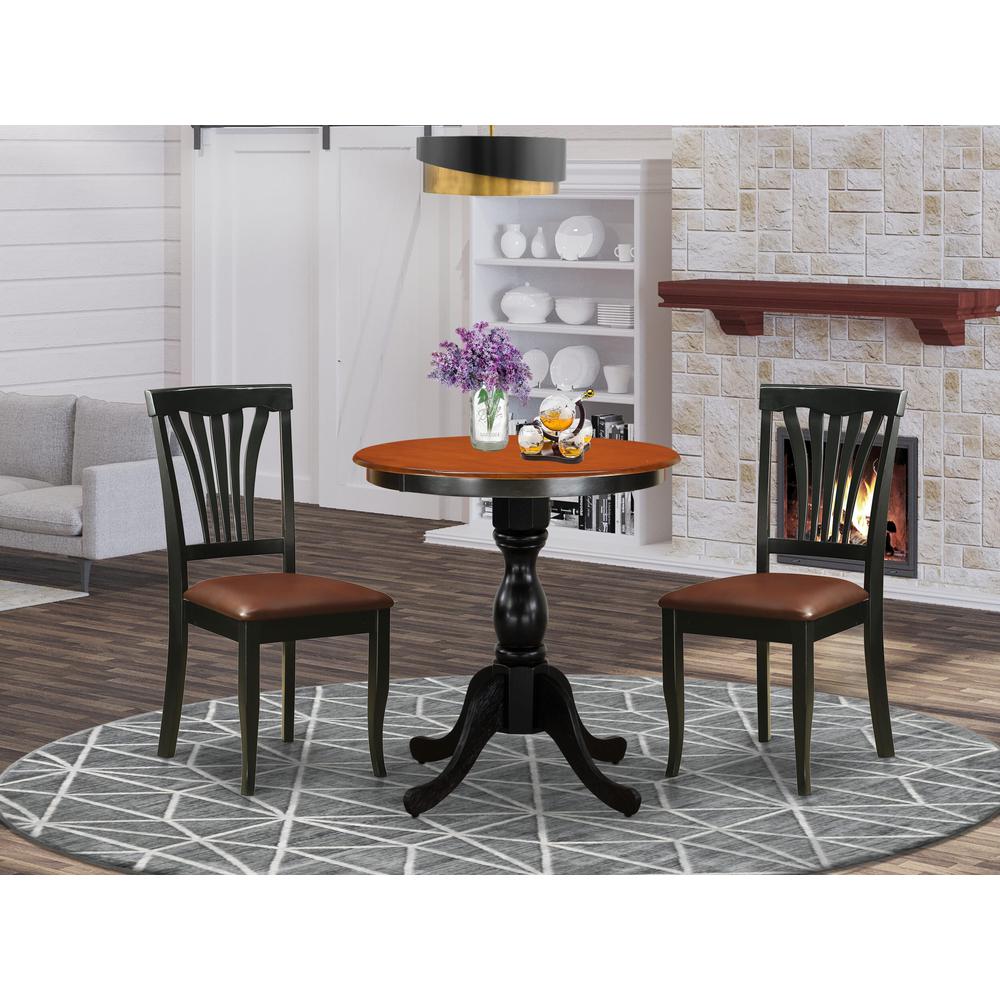 East West Furniture 3-Piece Dining Set Contains a Dinning Table and 2 Faux Leather Dining Chairs with Slatted Back- Black Finish. Picture 1