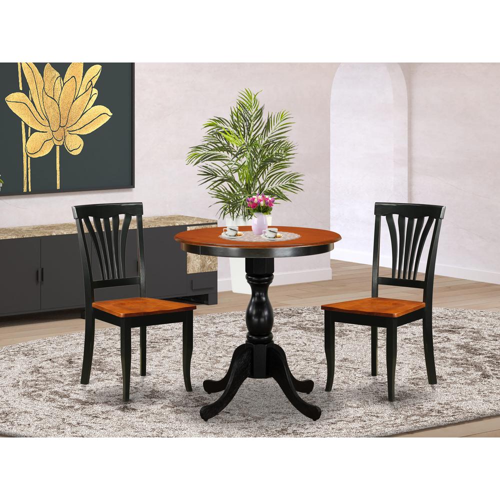 East West Furniture 3-Piece Dining Table Set Include a Modern Dining Table and 2 Dining Chairs with Slatted Back - Black Finish. Picture 1