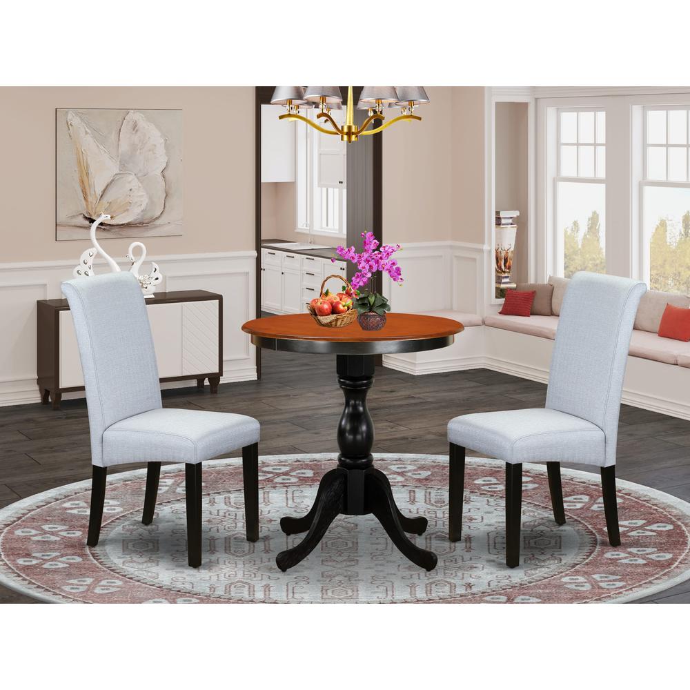 East West Furniture 3-Piece Dinner Table Set Include a Dining Table and 2 Grey Linen Fabric Padded Chairs with Stylish High Back - Black Finish. Picture 1