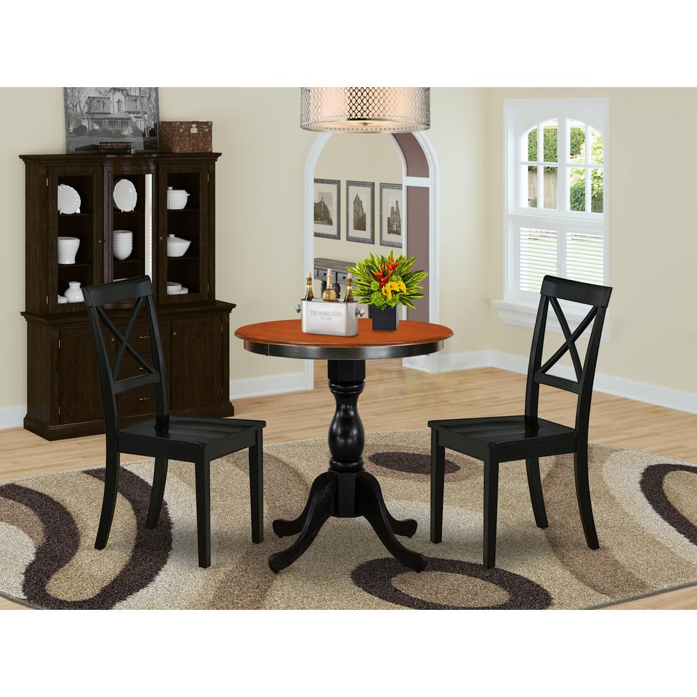 East West Furniture 3-Piece Modern Dining Set Contains a Dining Table and 2 Wooden Chairs with X back - Black Finish. Picture 2
