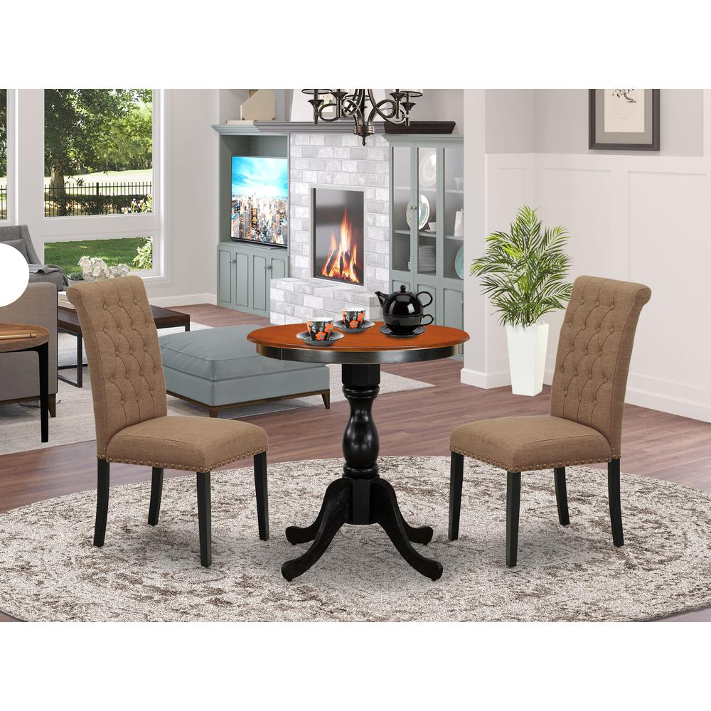 East West Furniture 3-Piece Mid Century Dining Set Include a Dining Table and 2 Light Sable Linen Fabric Padded Chairs with Button Tufted Back - Black Finish. Picture 1