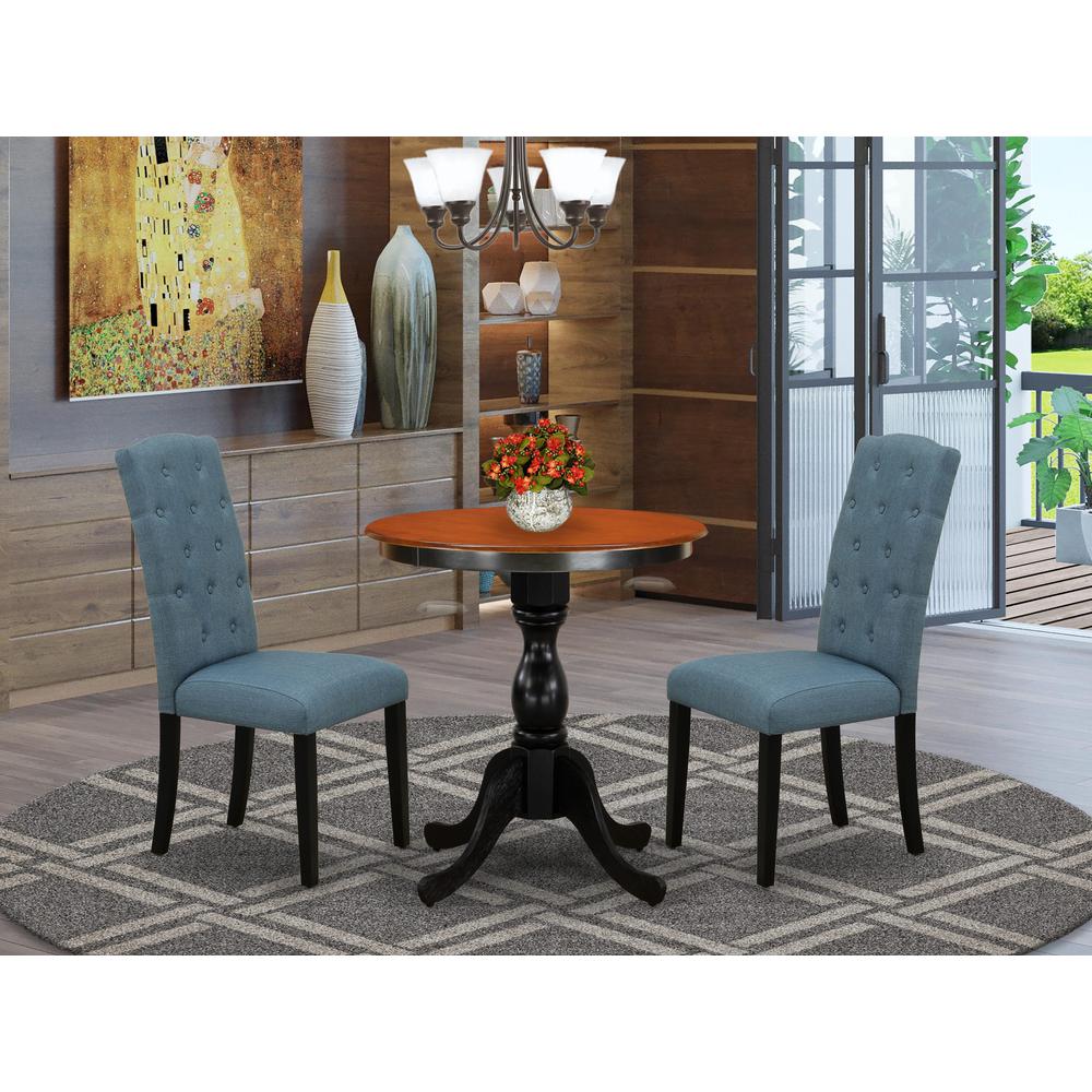 East West Furniture 3-Piece Dining Room Table Set Consist of Dining Table and 2 Blue Linen Fabric Upholstered Chairs with Button Tufted Back - Black Finish. Picture 1