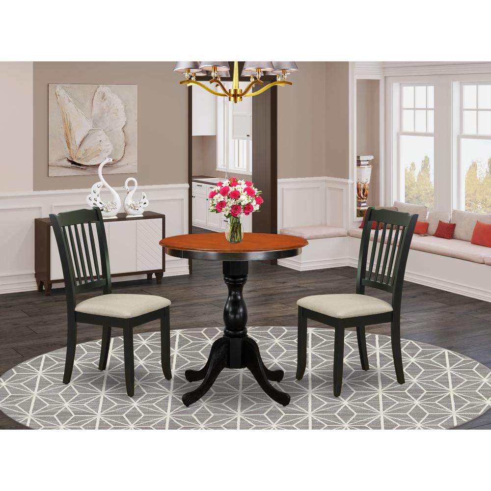 East West Furniture 3-Piece Dining Table Set Include a Wood Table and 2 Linen Fabric Kitchen Chairs with Ladder Back - Black Finish. Picture 1