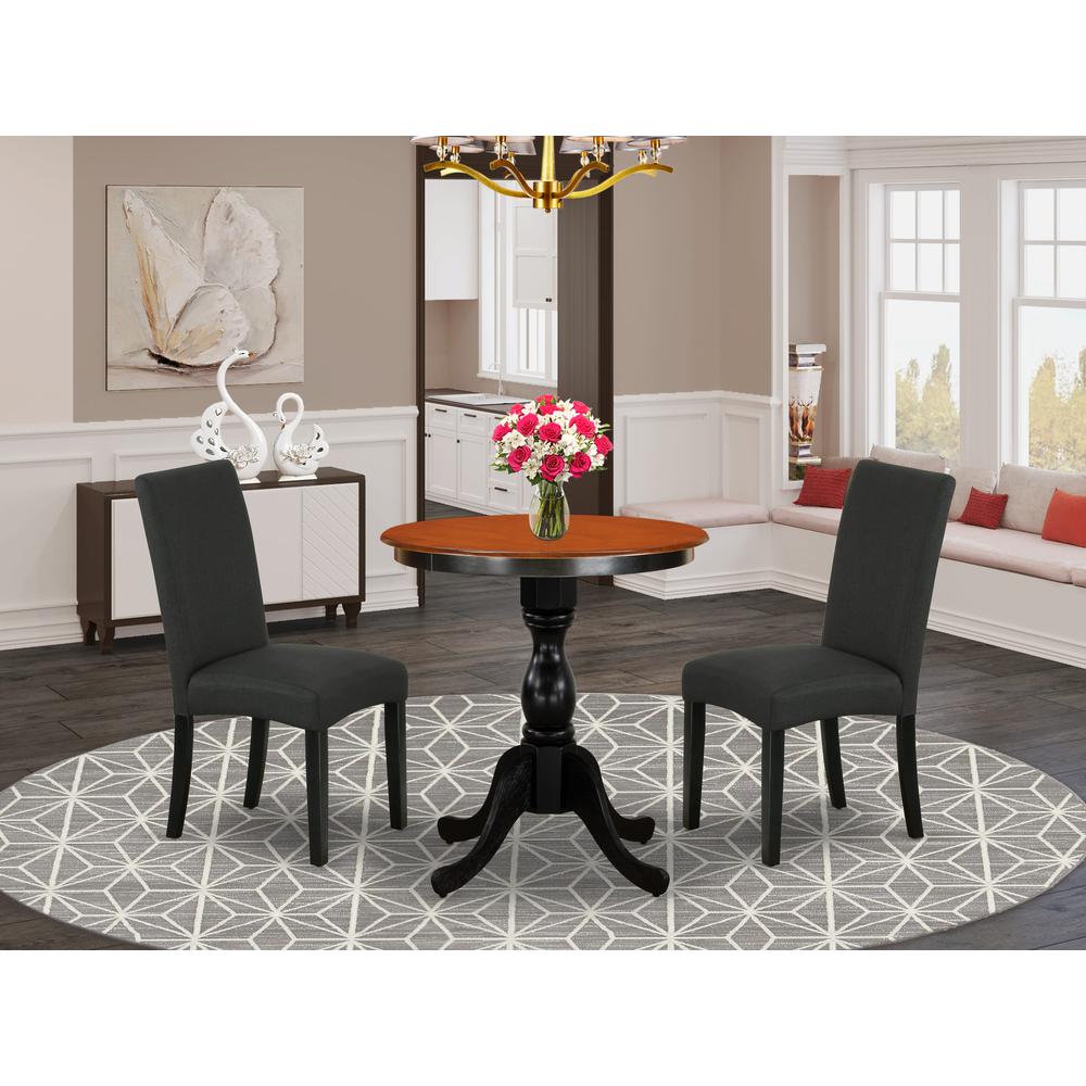 East West Furniture 3-Piece Dinner Table Set Consist of Wood Dining Table and 2 Black Linen Fabric Parson Chairs with High Back - Black Finish. Picture 1