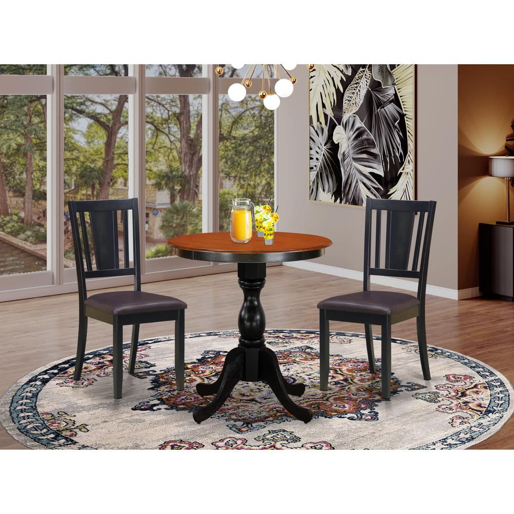 East West Furniture 3-Piece Kitchen Table Set Include a Dining Table and 2 Faux Leather Dinner Chairs with Slatted Back - Black Finish. Picture 1